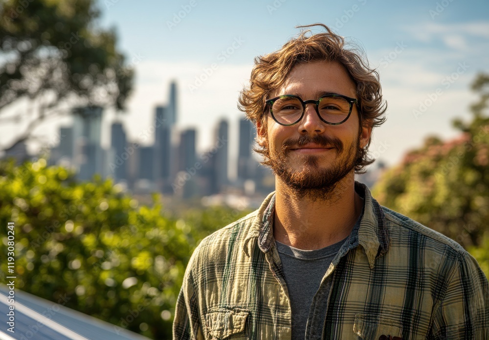 Young man with glasses and curly hair smiling against a city skyline backdrop, capturing a moment of joy and warmth in an urban environment surrounded by nature. Young man with glasses and curly hair smiling against a city skyline backdrop, capturing a moment of joy and warmth in an urban environment surrounded by nature.