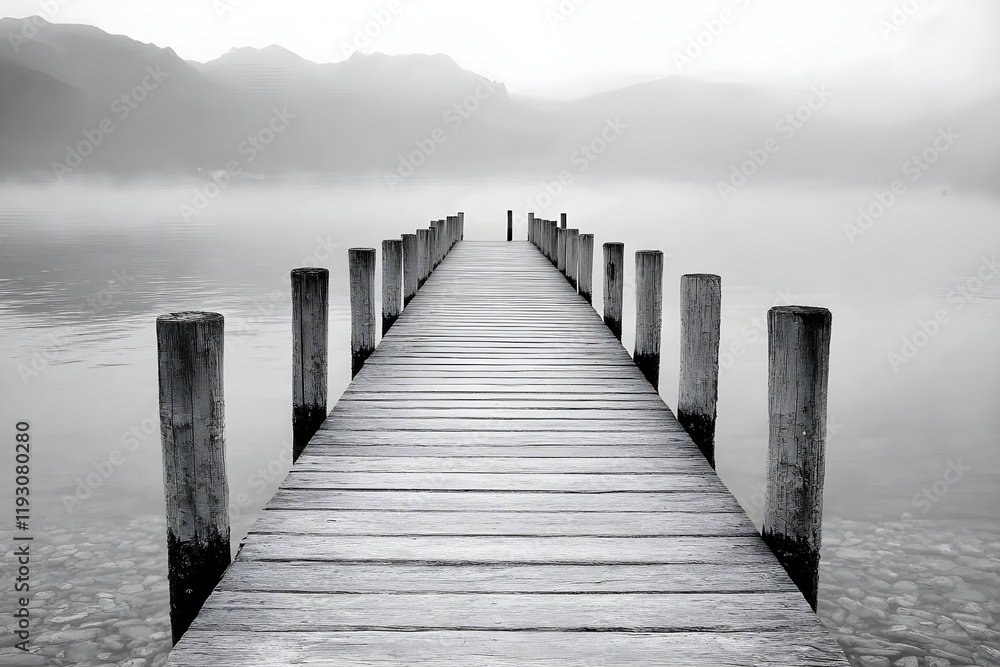 Fototapeta premium A rustic wooden pier extending into a calm lake with soft morning mist.