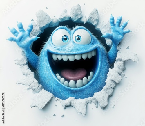 Fototapeta Naklejka Na Ścianę i Meble -  Joyful Blue Monster Breaking Through a Wall