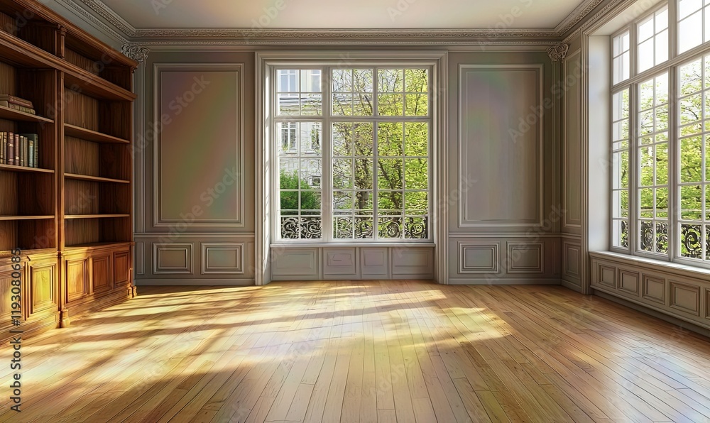 Fototapeta premium Sunlit empty classic room with bookcase, wood floor, large windows, spring view, ideal for interiors.