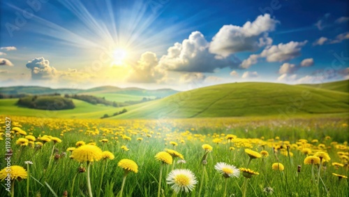 Serene landscape of rolling hills and a sunlit meadow brimming with vibrant yellow wildflowers during a bright, sunny day.