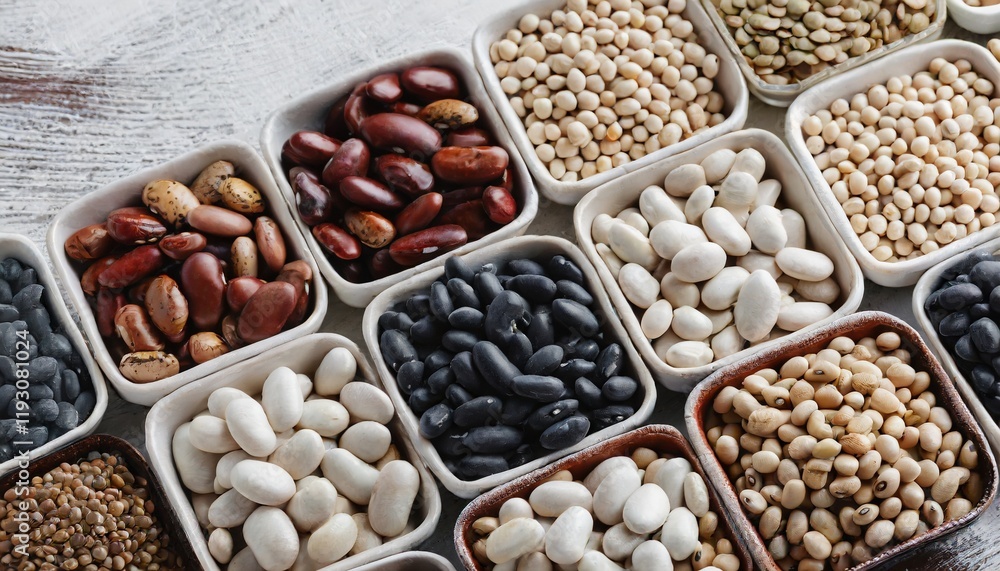 Fototapeta premium A diverse assortment of dry beans arranged in small various containers