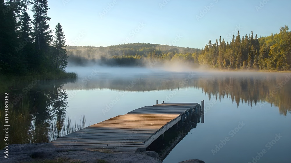 A rustic wooden pier extending into a calm lake with soft morning mist. A rustic wooden pier extending into a calm lake with soft morning mist.