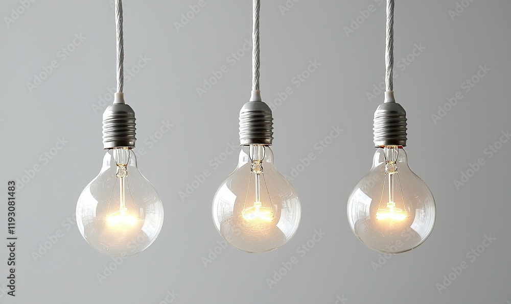 Three glowing lightbulbs hanging against a gray background, ideal for innovation or idea concepts. Three glowing lightbulbs hanging against a gray background, ideal for innovation or idea concepts.