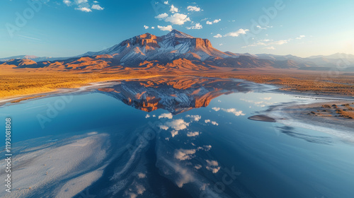 Serene Mountain Reflection at Dawn in a Tranquil Desert Landscape photo