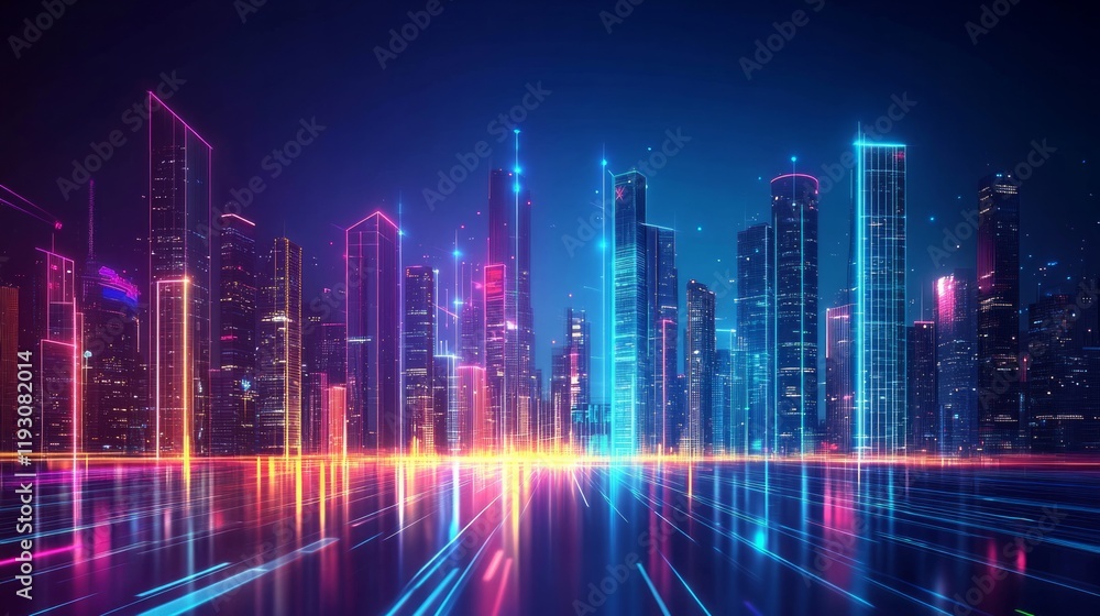 Futuristic cityscape with glowing neon lights and skyscrapers, Futuristic cityscape with glowing neon lights and skyscrapers,
