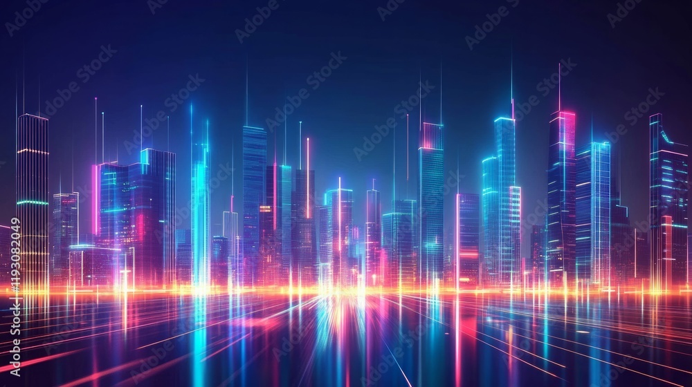 Fototapeta premium Futuristic cityscape with glowing neon lights and skyscrapers,