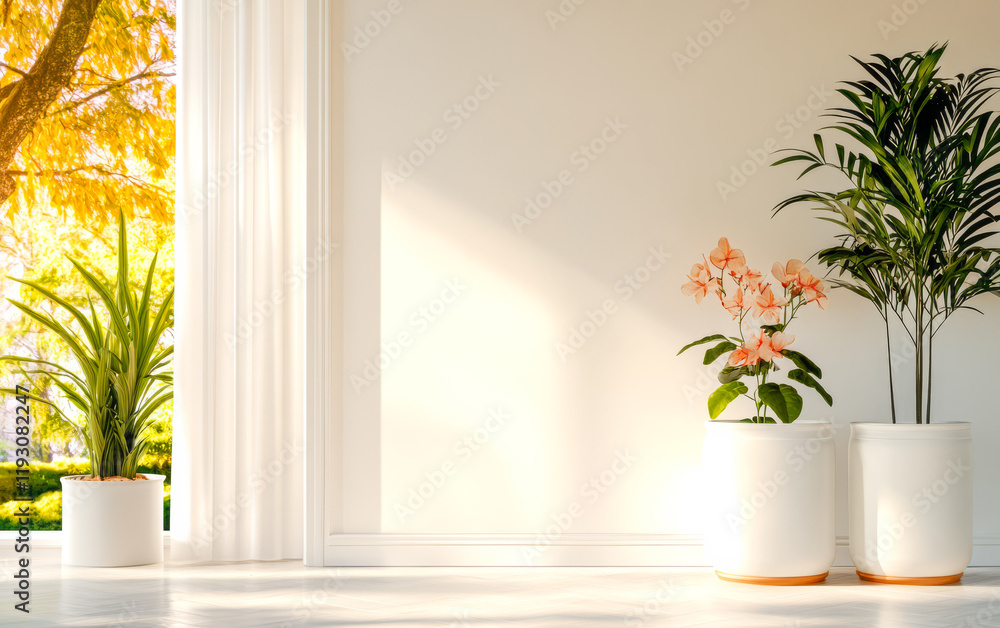 Fototapeta premium Bright indoor space featuring potted plants and warm sunlight streaming in through the window