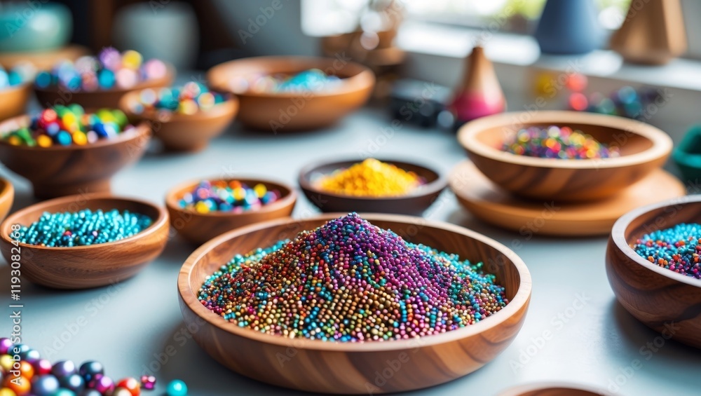 Fototapeta premium Colorful collection of tiny beads in wooden bowls displayed on a crafting table