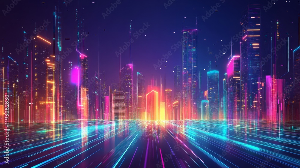 Fototapeta premium Futuristic cityscape with glowing neon lights and skyscrapers,
