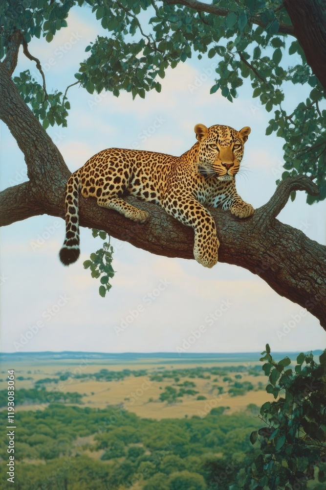 Obraz premium Majestic leopard lounges on sturdy branch, blending with vibrant