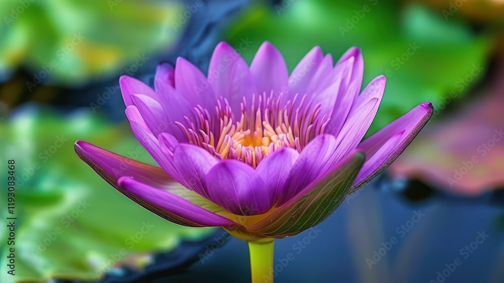 Vibrant purple lotus flower emerging from tranquil waters, symbolizing peace and natural beauty in serene environments Vibrant purple lotus flower emerging from tranquil waters, symbolizing peace and natural beauty in serene environments