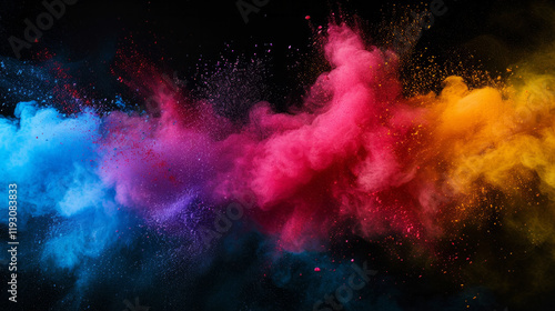 	
Colored splash explosion of multi-colored powder on a dark background. Holi celebration concept in India, background for holiday advertising and creative products or projects, banner with copyspace