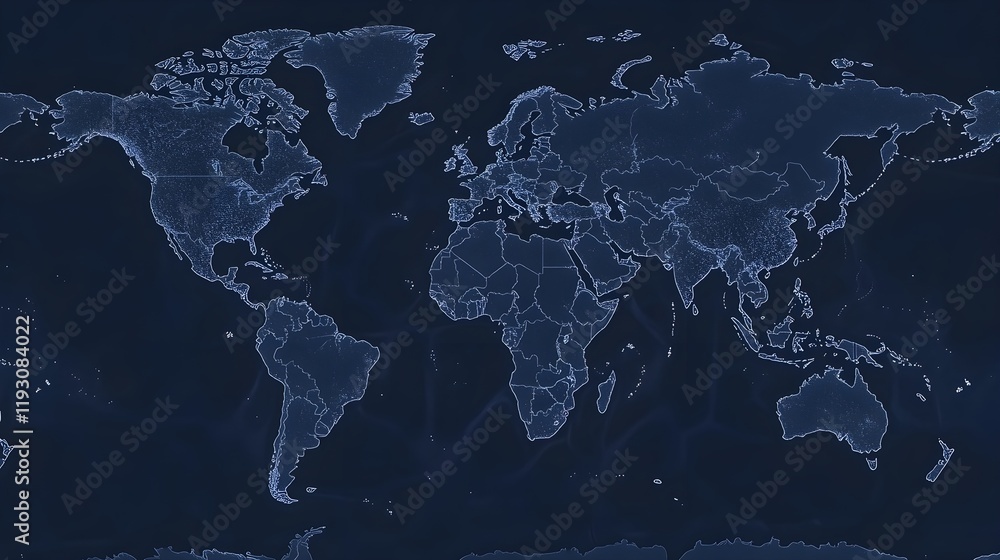 Fototapeta premium A minimalist glowing outline of the world map on a dark blue background.