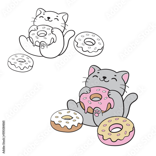 Cute cat hug donut cartoon. Adorable cartoon cat holding a delicious-looking donut. Colored and colorless black and white illustration