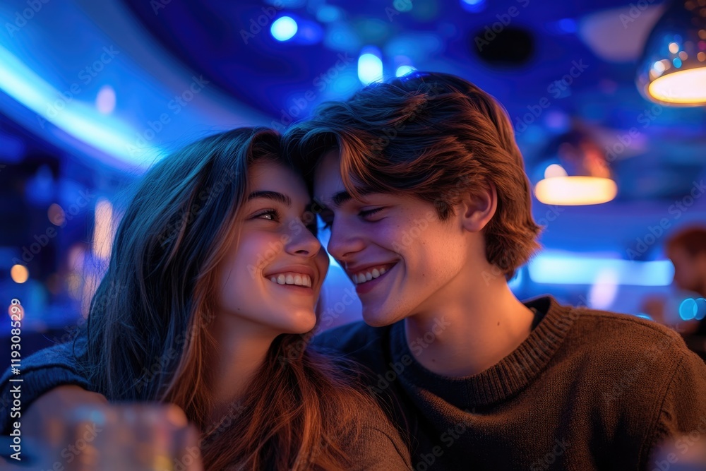Couple enjoying moment under soft blue lighting, capturing joy a Couple enjoying moment under soft blue lighting, capturing joy a
