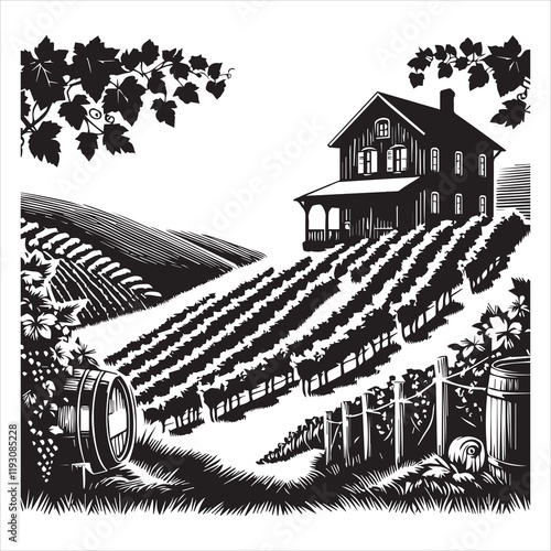 Winery ClipArt Design, Vineyard Scene vector illustration, Grapevine Graphics
