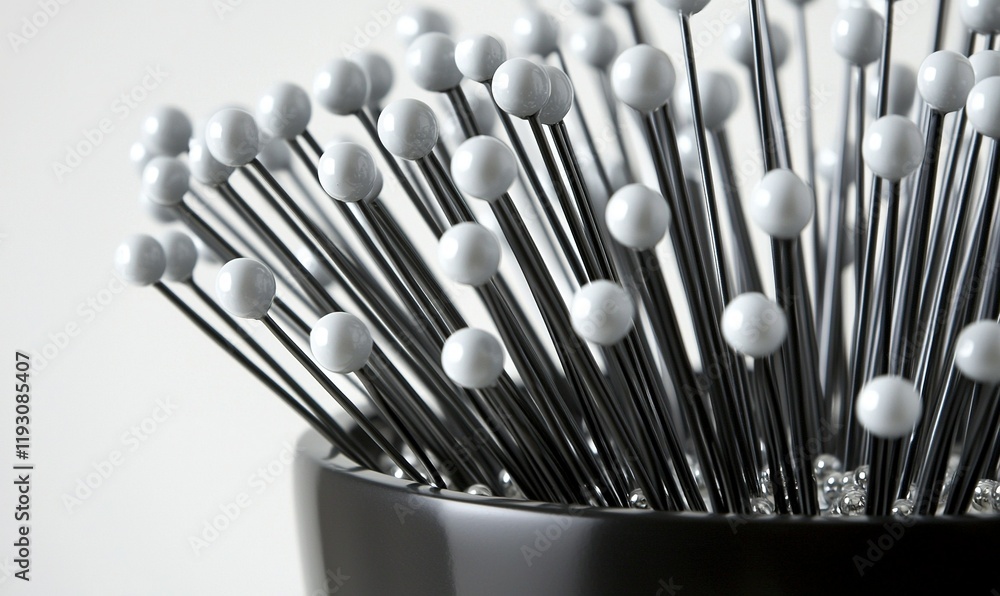 White spheres on black sticks in a dark bowl on a white background, modern art decor. White spheres on black sticks in a dark bowl on a white background, modern art decor.