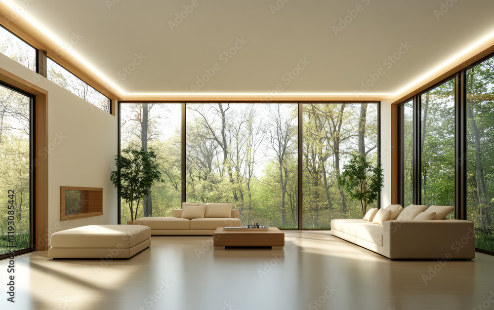 Fototapeta premium Modern minimalist living room with large windows and natural light in serene outdoor setting