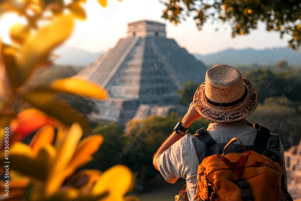 An explorer examining Aztec-inspired artifacts at Uxmal, with the pyramid standing majestically in the background An explorer examining Aztec-inspired artifacts at Uxmal, with the pyramid standing majestically in the background