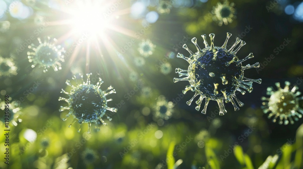 Obraz premium Abstract representation of viruses or cells floating in nature with sunlight in the background. Biology, science, microscopic, ecosystem, health. Generative by AI.