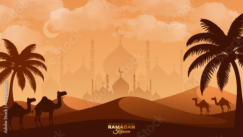 Ramadan Kareem illustration featuring a vibrant desert scene with a radiant sky, camels, date palms, and mosque.
