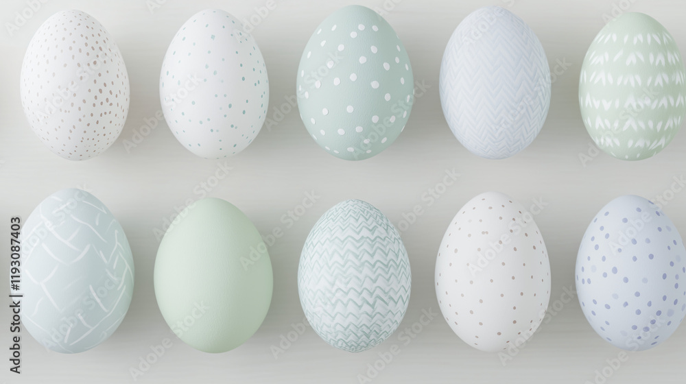 Fototapeta premium Pastel Easter Eggs: A minimalist arrangement of delicate pastel Easter eggs, each with a unique pattern, is a perfect springtime visual for your Easter-themed projects.