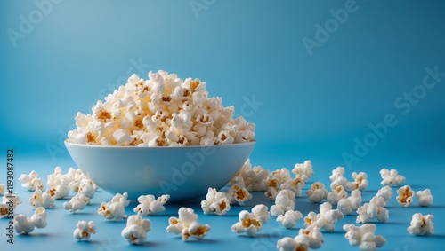 Bowl of fresh popcorn on a blue background representing a healthy snack option for movie nights and gatherings photo