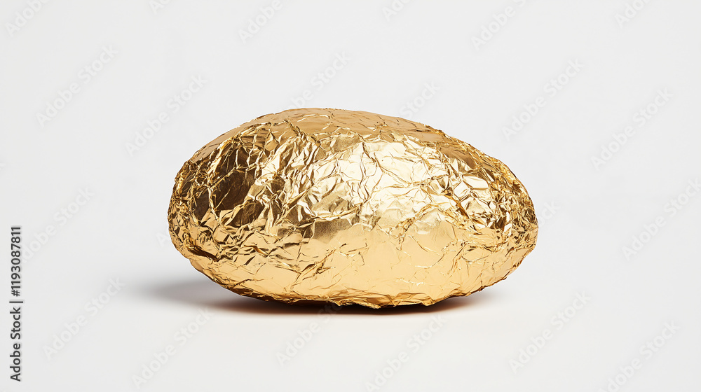 Golden Egg: A single golden egg, wrapped in shimmering foil, rests on a plain background, evoking a sense of mystery and potential. The vibrant color and unique shape make it a striking visual. Golden Egg: A single golden egg, wrapped in shimmering foil, rests on a plain background, evoking a sense of mystery and potential. The vibrant color and unique shape make it a striking visual.