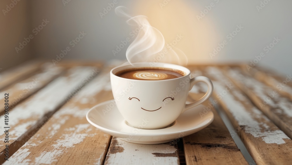 Smiling Coffee Cup on Rustic Wooden Table - Happy Morning Smiling Coffee Cup on Rustic Wooden Table - Happy Morning