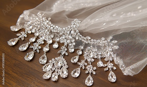 Bridal veil with crystal tiara on wooden table, wedding preparation detail