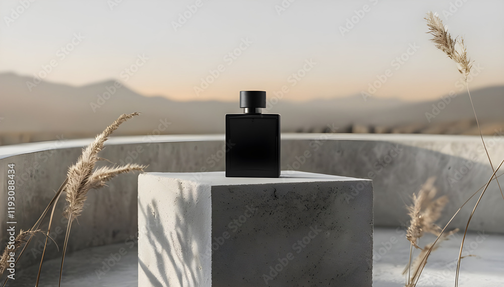 Fototapeta premium Minimalist Perfume Bottle On Textured Concrete Cube Background 