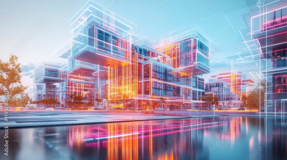 Futuristic smart city buildings emerging from digital grid at dusk Futuristic smart city buildings emerging from digital grid at dusk