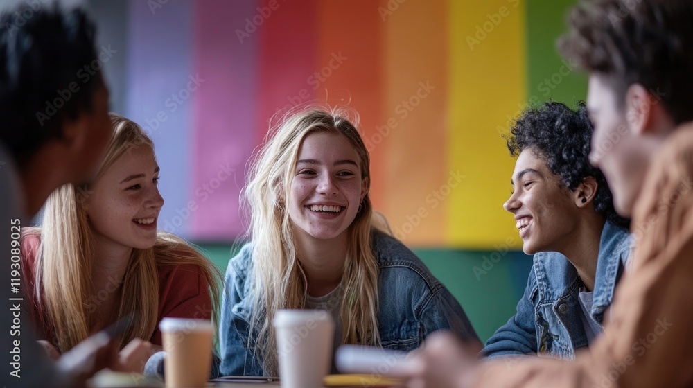 Obraz premium Group of teenagers sitting together in a colorful room, smiling and chatting, with a rainbow flag in the background. Community, friendship, diversity, celebration, youth. Generative by AI.