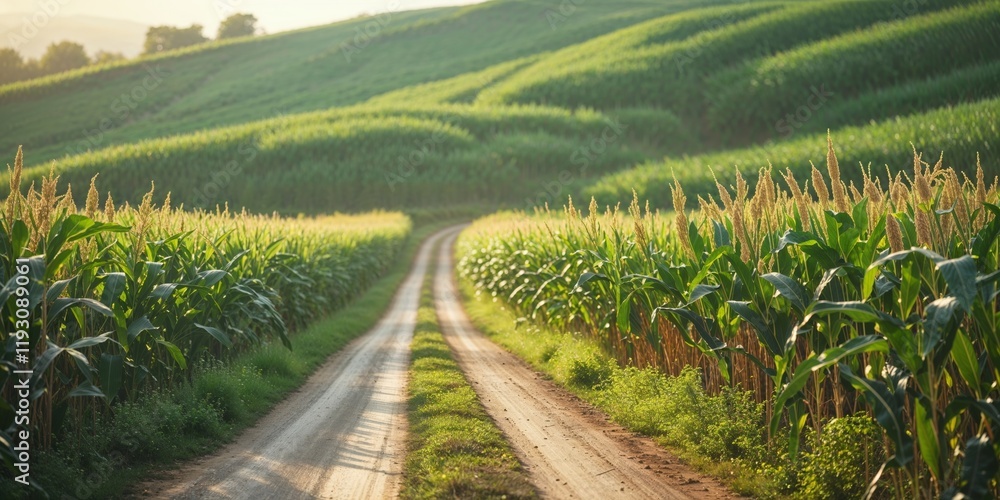 Naklejka premium Winding dirt road through lush green cornfield invites peaceful exploration in a tranquil landscape setting