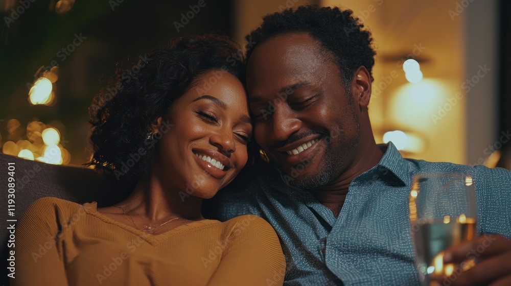 Fototapeta premium An attractive couple hugging each other while sitting on a couch in a stylish home, radiating happiness.