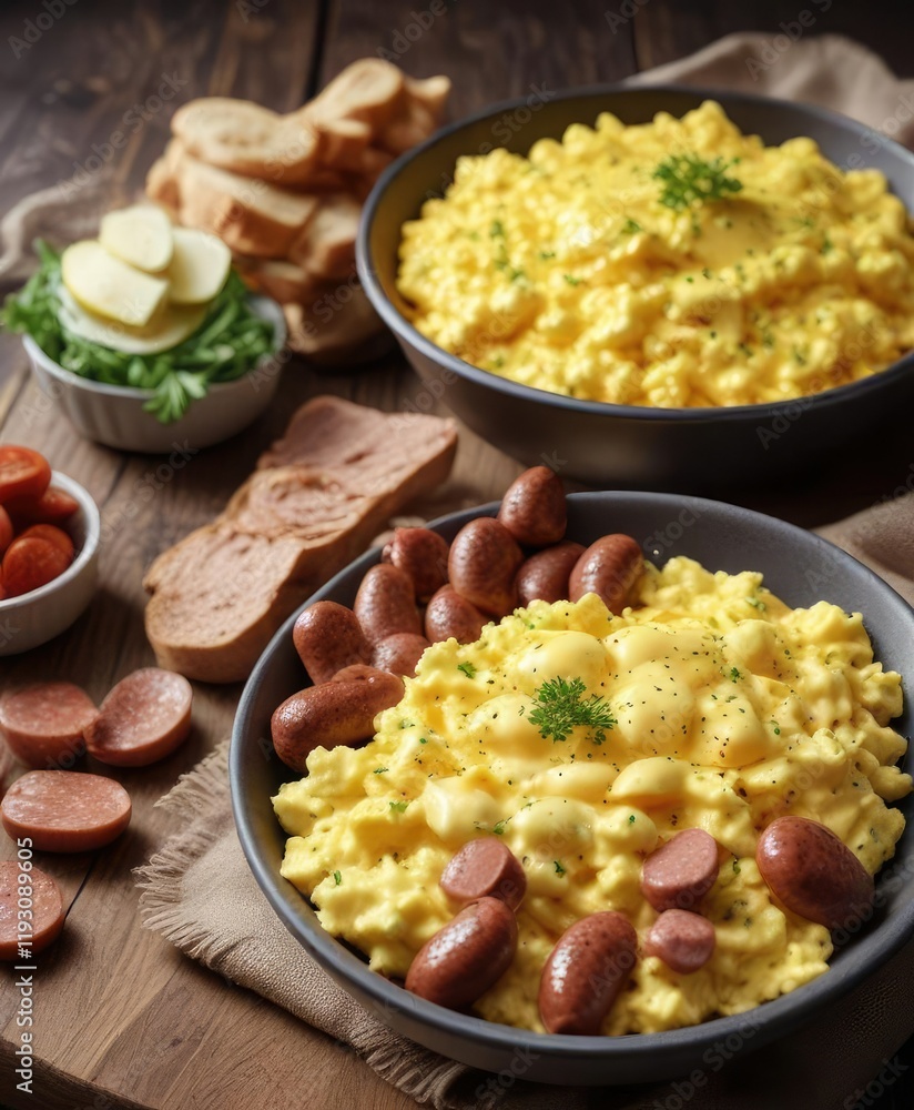 A Breakfast Bowl with Scrambled Eggs and Sausage , morning meal, egg dish, savory dish