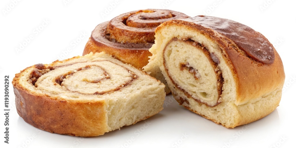 A golden brown cinnamon bun sliced in half to reveal its soft fluffy interior, , dessert, sliced A golden brown cinnamon bun sliced in half to reveal its soft fluffy interior, , dessert, sliced