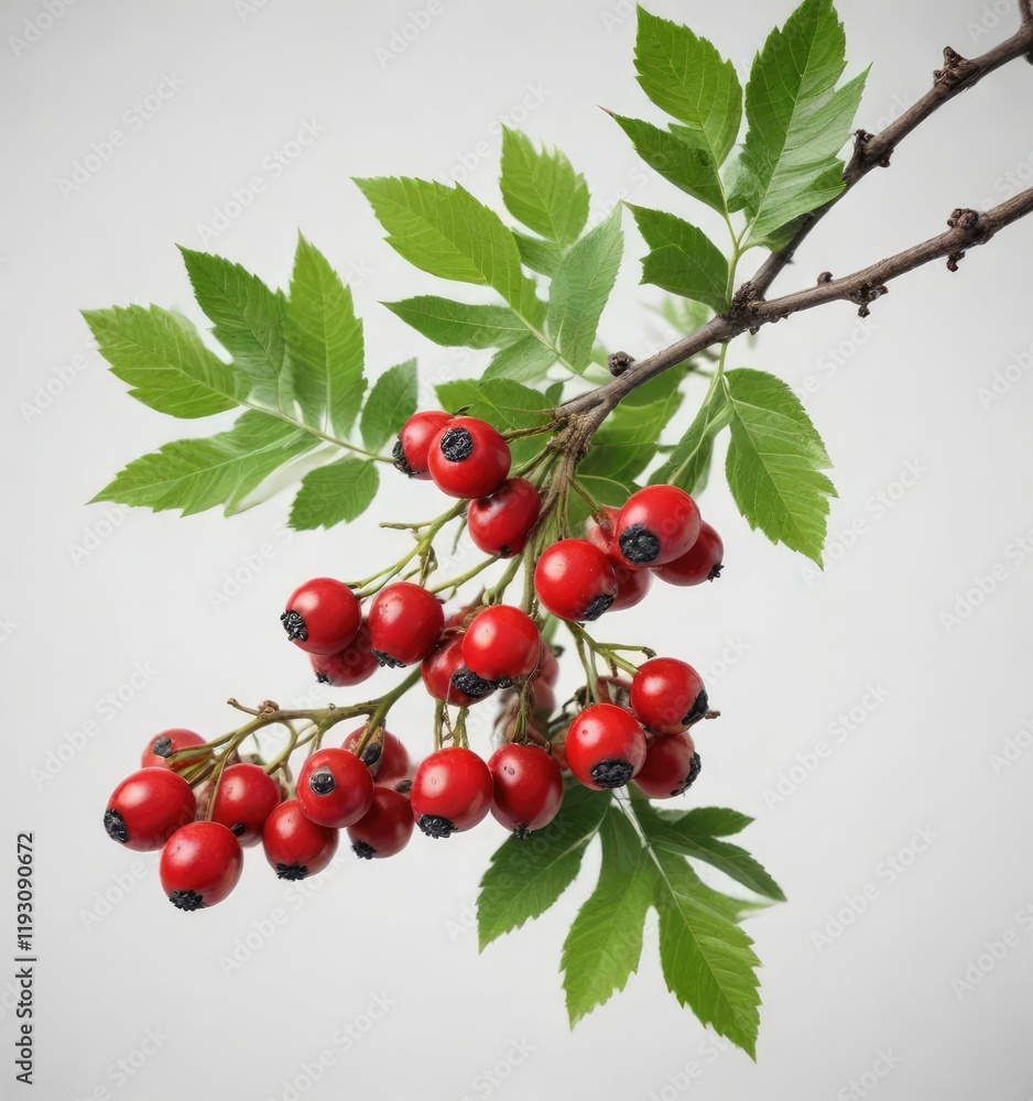 A green branch with dark red berries against a white background, white background, contrast A green branch with dark red berries against a white background, white background, contrast