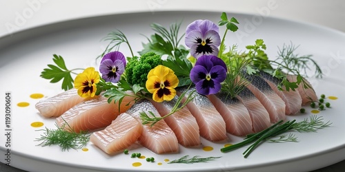 Delicately Arranged Raw Fish Fillet with Colorful Edible Flowers and Fresh Herbs on a White Plate for Culinary Inspiration and Gourmet Presentation photo