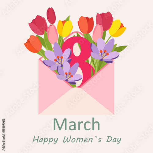 Congratulatory envelope with flowers and number 8 for Women's Day. Vector. Flat style illustration.