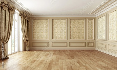 Empty classic interior with wood floor, decorative wall, and window