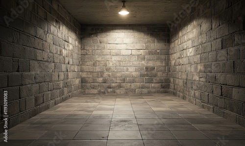 Empty stone room with dim light, tiled floor, ideal for backgrounds or edits