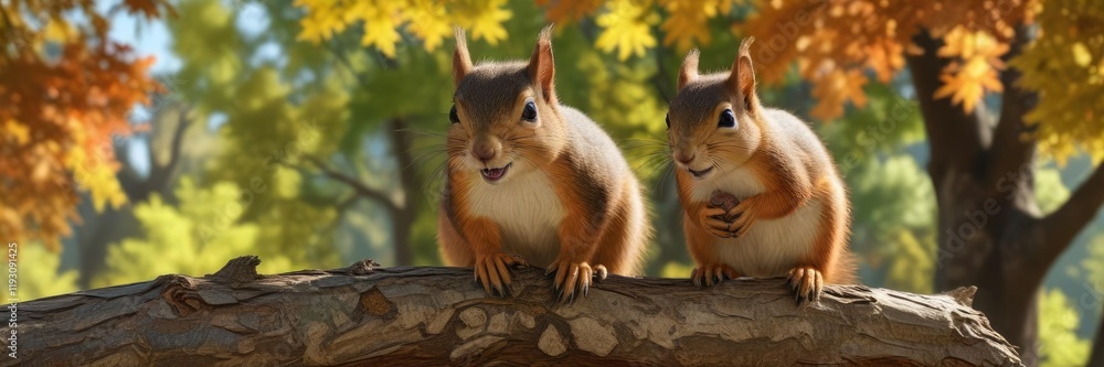 Obraz premium A bushy-tailed squirrel rests on the branch of a maple tree, holding a large nut in its mouth and surveying its surroundings , forest, nature scene, branches