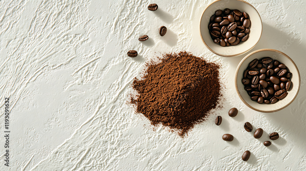 An elegant presentation of coffee beans and ground coffee arranged together on a white textured surface, focusing on the textures and colors of both elements. An elegant presentation of coffee beans and ground coffee arranged together on a white textured surface, focusing on the textures and colors of both elements.