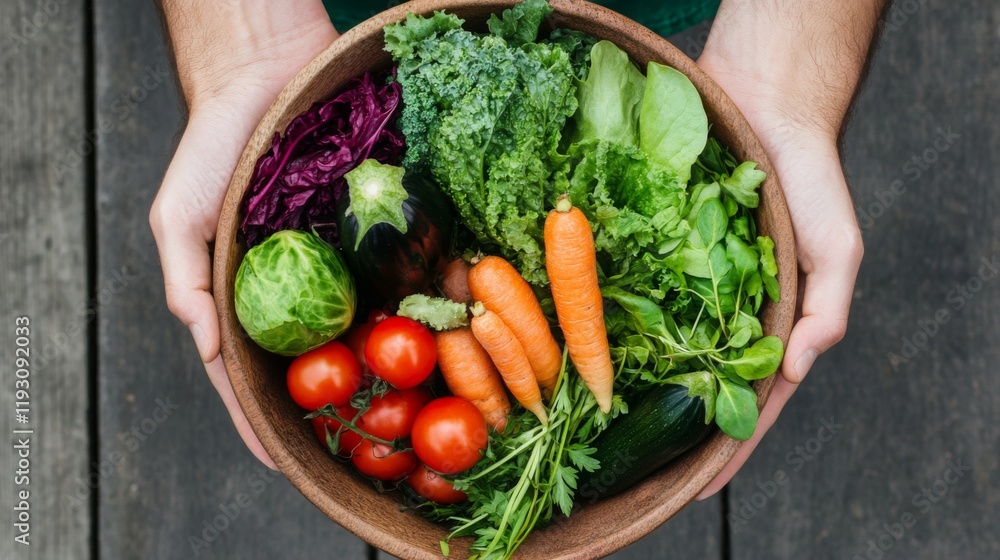 Hands holding a wooden bowl filled with fresh, colorful vegetables including carrots, tomatoes, kale, and more. Hands holding a wooden bowl filled with fresh, colorful vegetables including carrots, tomatoes, kale, and more.
