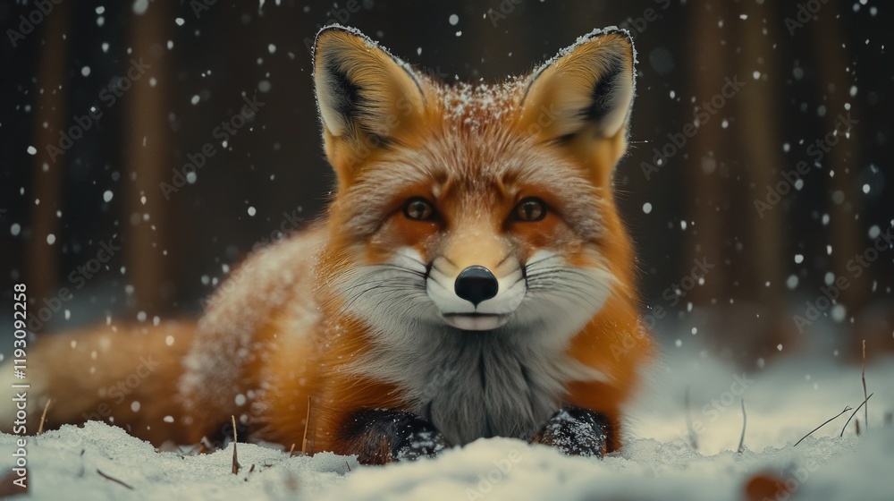 Obraz premium Red fox sitting in snow, winter forest.