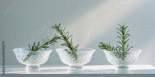 Illuminated glass bowls with rosemary sprigs photo