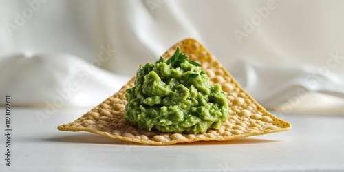 Crispy tortilla chip topped with a dollop of fresh guacamole photo