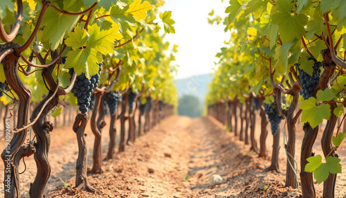 Closeup of parched grapevines in a drought-stricken vineyard plantation, with cracked earth beneath, watercolor illustration, low-poly, with white tones